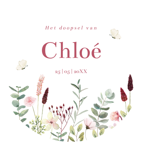 Doop uitnodiging rond meisje veldbloemen vlinders 