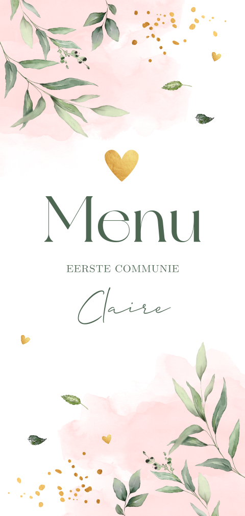 Menukaart communie botanisch roze bladeren watercolour