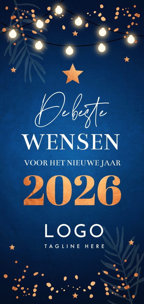 Zakelijke nieuwjaarskaart blauw langwerpig lampjes koperlook 2026