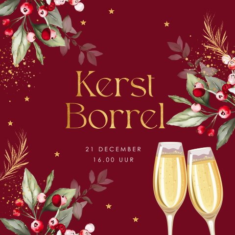 Kerstborrel uitnodiging champagneglazen kersttakjes rood