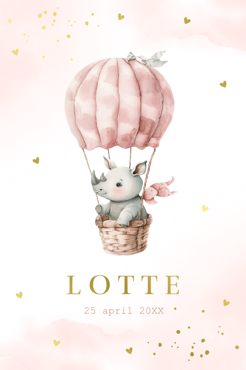 Geboortekaartje meisje neushoorn luchtballon goudfolie roze