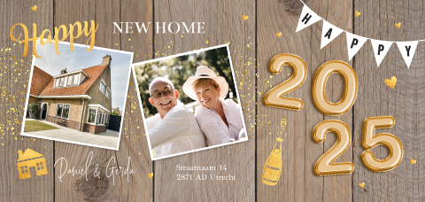 Kerst verhuiskaart fotocollage hout goudlook spetters