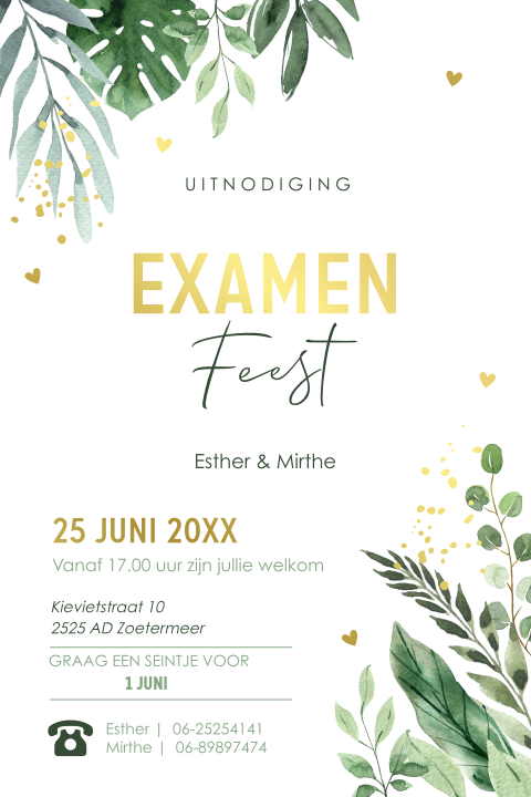Uitnodiging geslaagd examenfeest botanisch bladeren goudfolie
