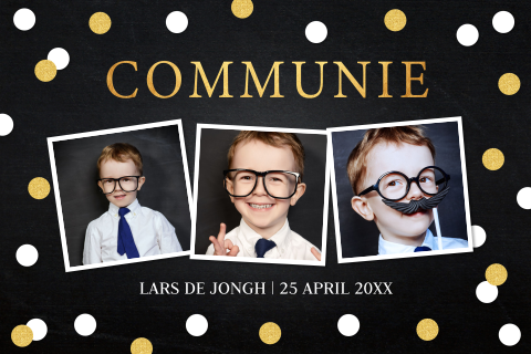 Communie uitnodiging jongen foto zwart goudlook dots