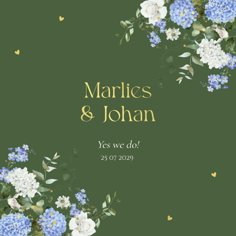 Trouwkaart bloemen groen blauw goudfolie