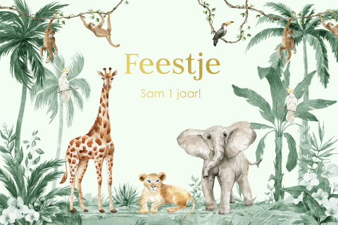Uitnodiging kinderfeestje jongen 1 jaar jungle dieren groen goudfolie