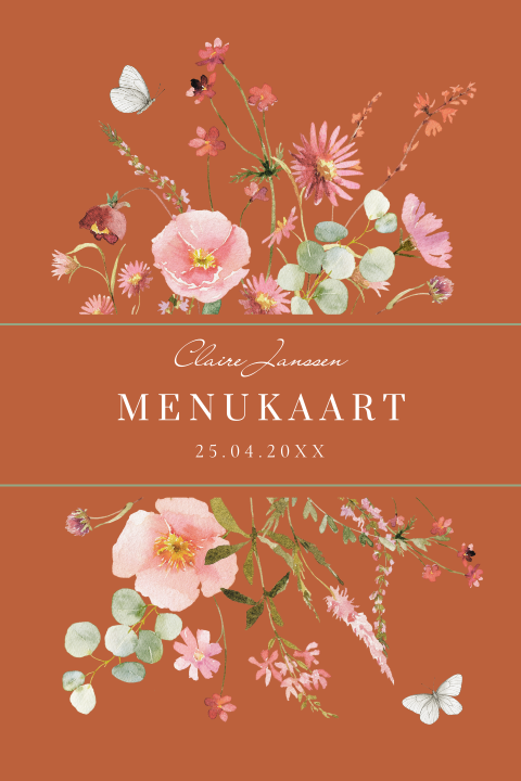 Menukaart communie roestbruin bloemen vlinders