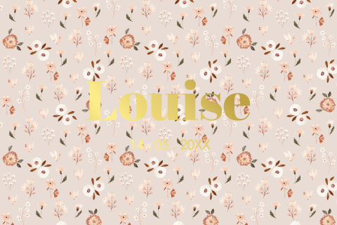 Geboortekaartje meisje beige bloemen patroon goudfolie