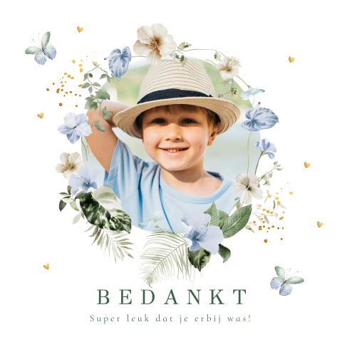 Bedankkaart communie foto jongen bladeren blauw vlinders