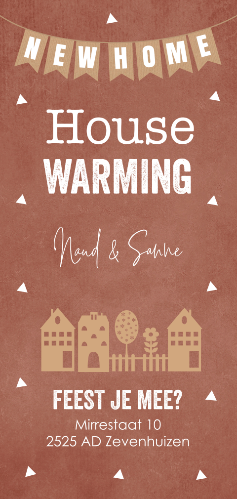 Housewarming uitnodiging roestbruin huisjes slinger