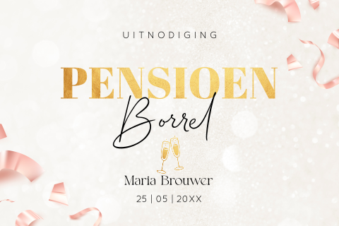 Pensioen uitnodiging wit roze goudlook vrouw
