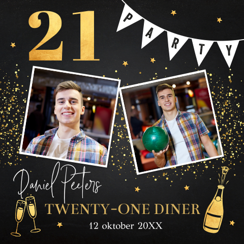 Uitnodiging 21 diner party met foto zwart goud slinger