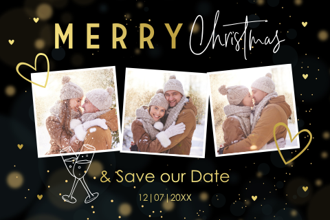 Save the Date kerstkaart zwart fotocollage spetters goudfolie
