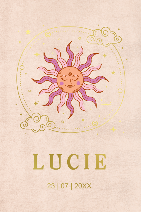 Geboortekaartje meisje zon sterren tarot astrologie goudfolie