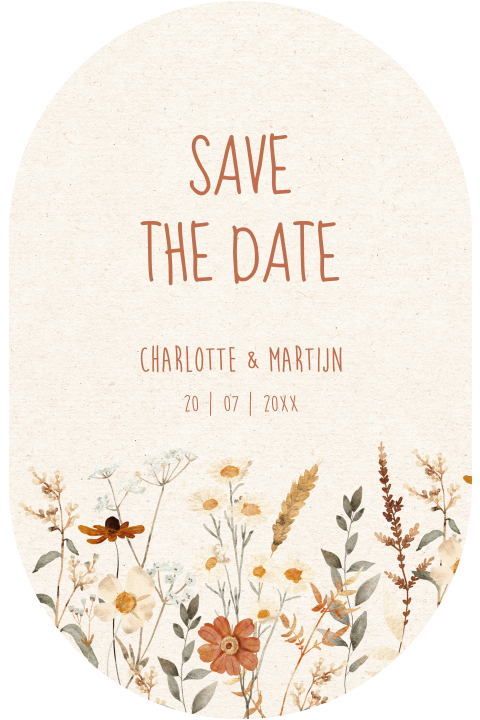 Save the Date kaart beige bruin bloemen ovaal
