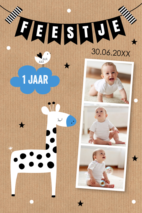 Uitnodiging kinderfeestje jongen 1 jaar foto giraffe kraft slinger