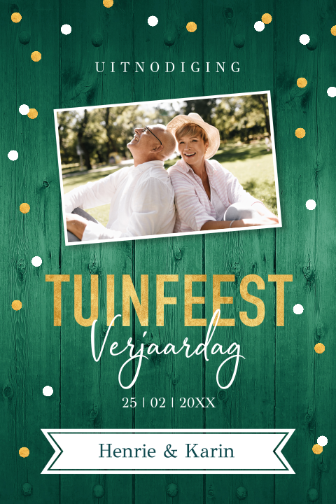 Tuinfeest uitnodiging groen eigen foto goudlook