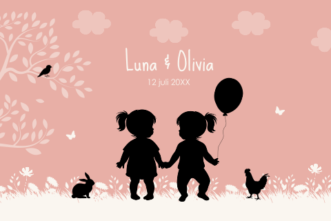Geboortekaartje tweeling meisjes silhouet ballon dieren boom