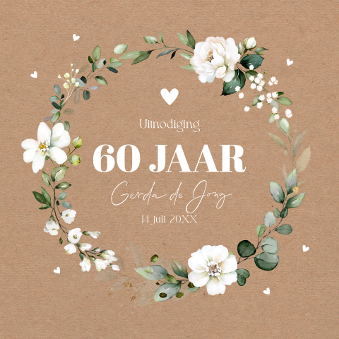 Uitnodiging verjaardag 60 jaar bloemenkrans vrouw kraft bruin