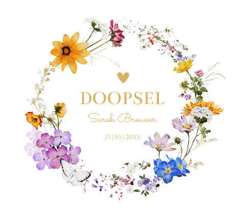 Doopkaart meisje waterverf bloemenkrans Belgisch formaat