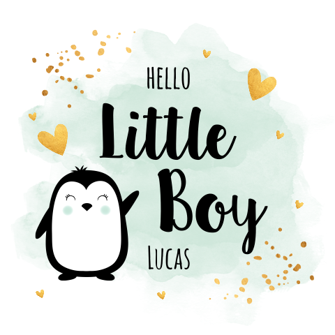 Felicitatie kaart geboorte zoon baby waterverf dieren pinguïn groen