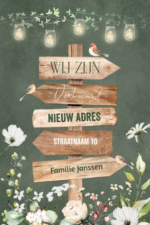 Verhuiskaart groen wegwijzer hout lampjes bloemen