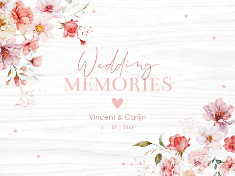 Bruiloft memorybox met romantische bloemen roze