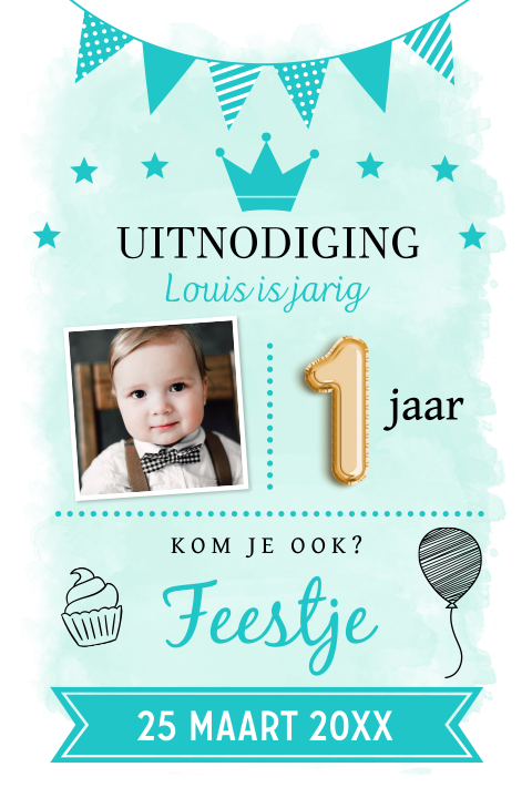Uitnodiging kinderfeestje jongen mintgroen 1 jaar slinger typografie