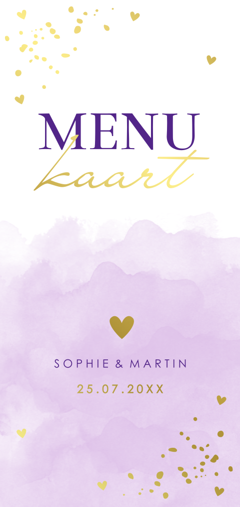 Menukaart langwerpig watercolour paars goudfolie