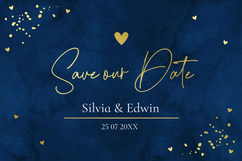 Save the Date kaart donkerblauw initialen naam goudfolie