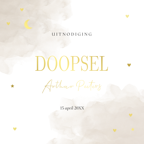 Doopkaart watercolour beige maan sterren goudfolie