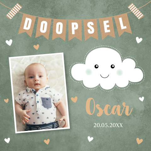 Doopkaart jongen foto wolkje slinger hartjes groen