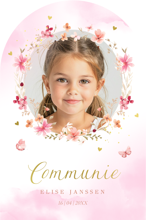 Communie uitnodiging meisje boog foto bloemen vlinders roze goudfolie
