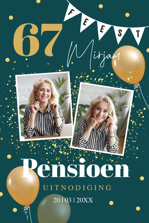 Pensioen uitnodiging foto ballonnen groen confetti goudlook