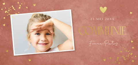 Communiekaart roze meisje eigen foto goudfolie