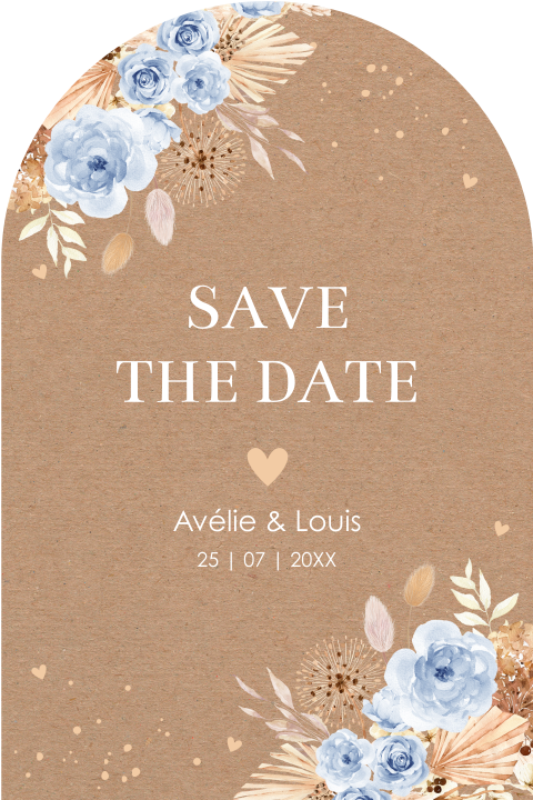 Save the Date kaart boog bohemian bloemen blauw