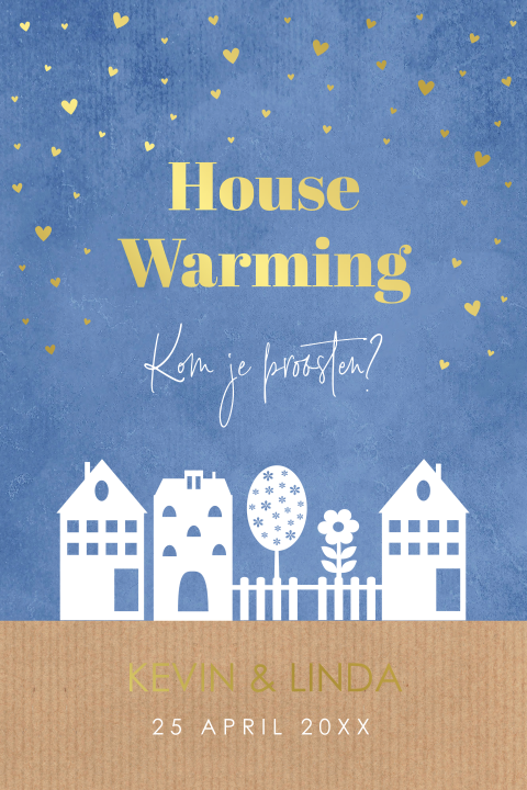 Housewarming uitnodiging party huisjes blauw goudfolie