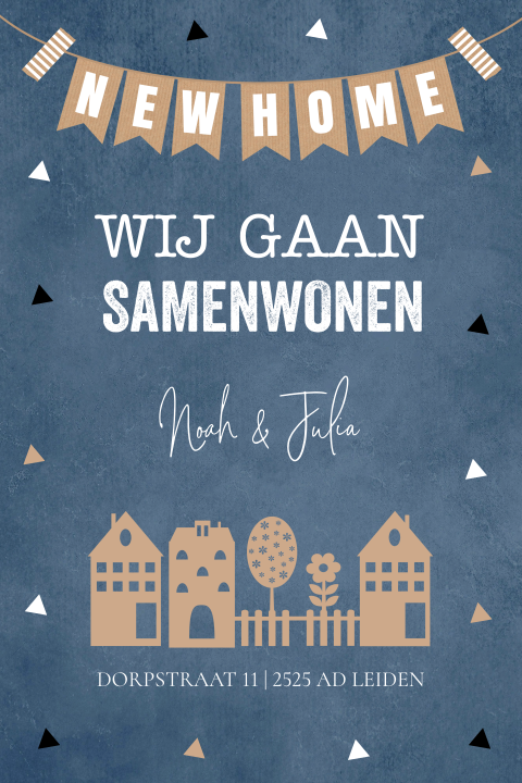 Verhuiskaart samenwonen blauw huisjes "new home"