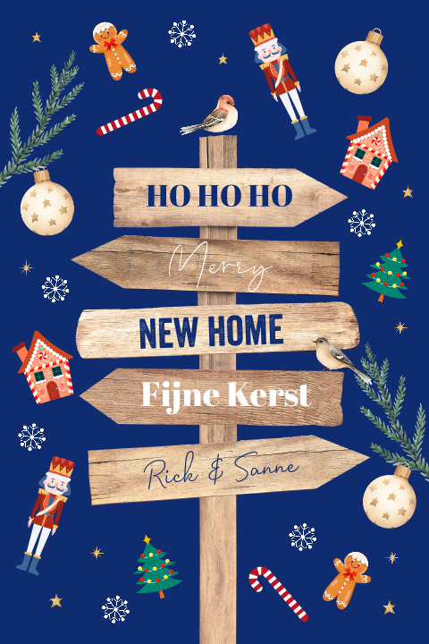 Kerst verhuiskaart houten wegwijzer blauw kerstfiguurtjes