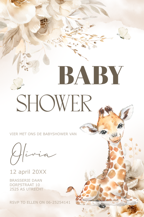 Babyshower uitnodiging bloemen beige