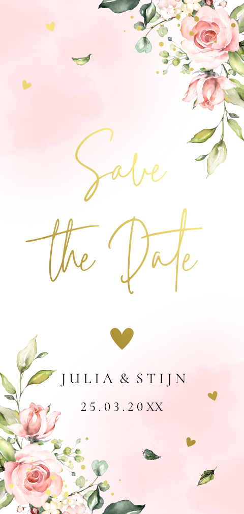 Save the Date kaart langwerpig roze bloemen goudfolie