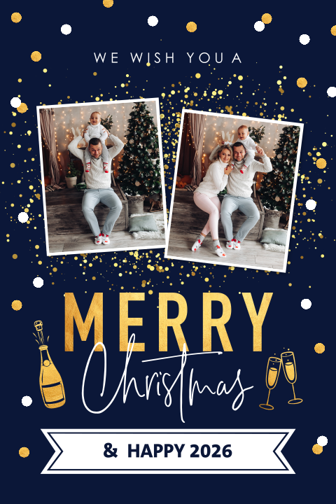 Kerstkaart met foto blauw goudlook confetti