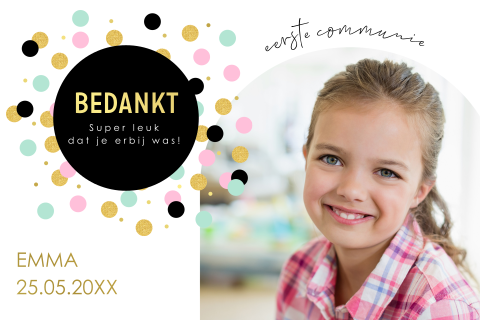 Bedankkaart communie meisje foto boog dots goudfolie