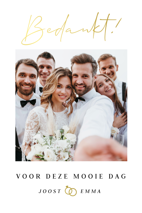 Bedankkaart huwelijk wit met foto en goudfolie