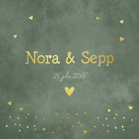 Geboortekaartje tweeling groen goudfolie hartje