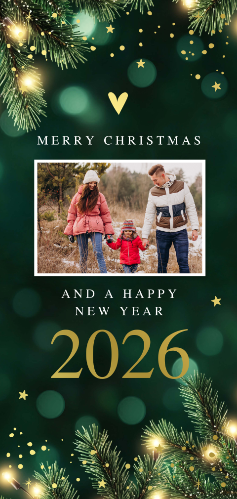 Kerstkaart langwerpig met foto groen kersttakken goudfolie