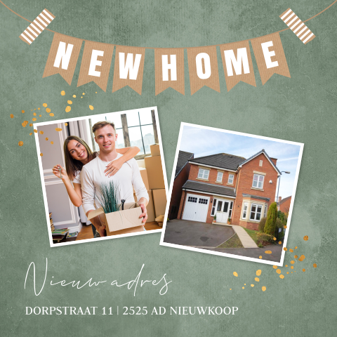 Verhuiskaart groen met foto's en slinger new home