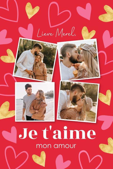 Valentijnskaart fotocollage love you rood hartjes roze