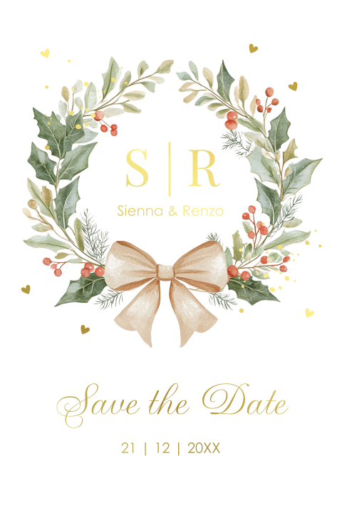 Save the Date kerstkaart kerstkrans bladeren strik goudfolie