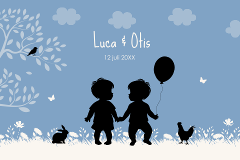 Geboortekaartje tweeling jongens silhouet blauw ballon dieren